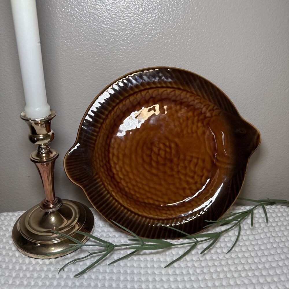 Vintage French Majolica Fish Plate Brown Circa 1950s Barbotine Sarreguemines